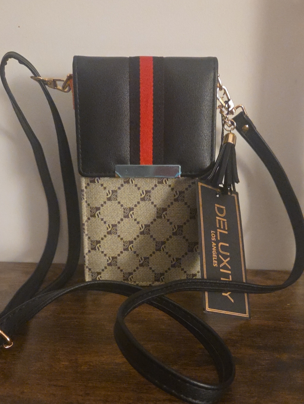 Deluxity Black and Red Accent Crossbody Phone Bag